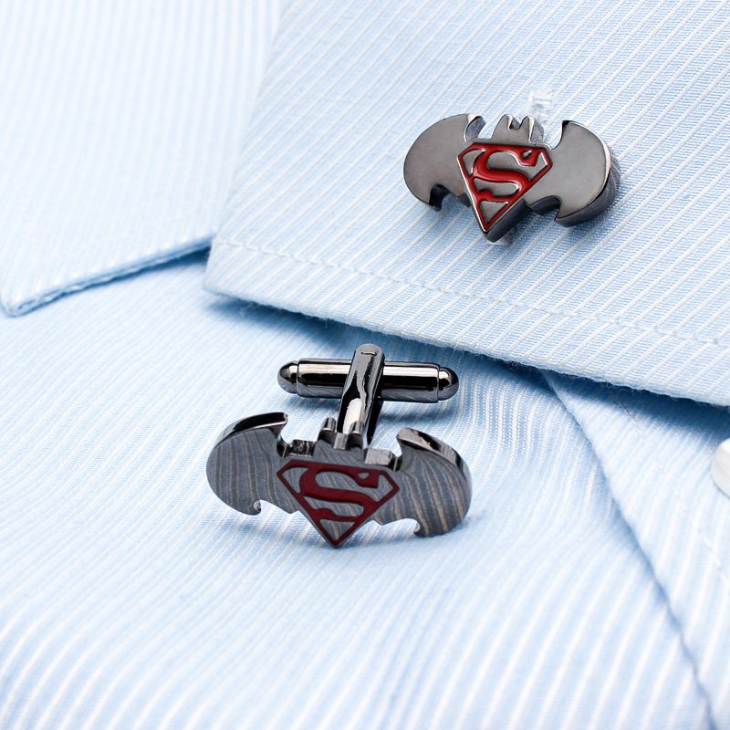 Stylish Batman and Superman cufflinks made from titanium alloy, featuring a unique two-in-one design, perfect for French cuff shirts.