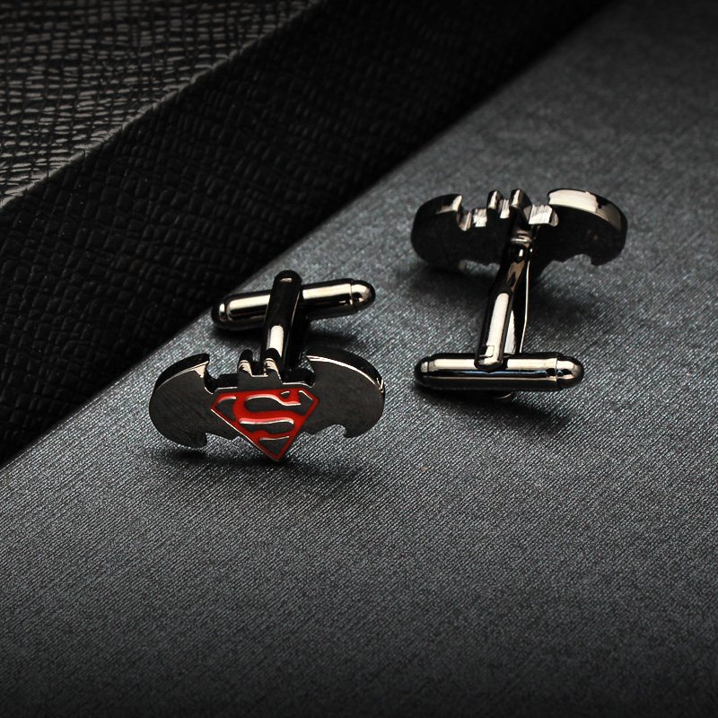 Stylish Batman and Superman cufflinks made from titanium alloy, featuring a unique two-in-one design, perfect for French cuff shirts.