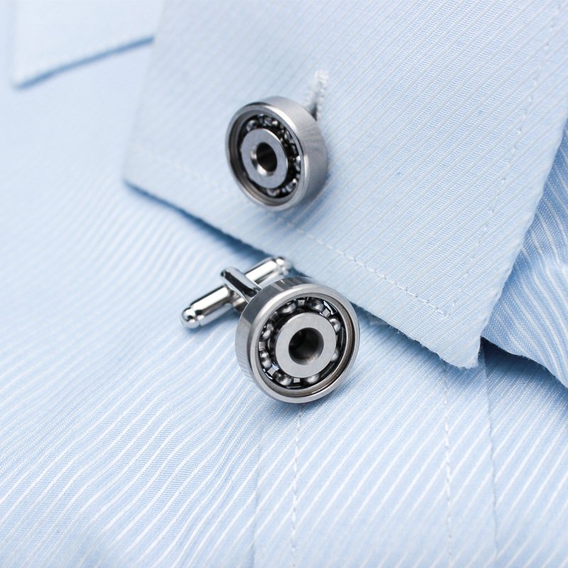 Stylish Bearing Cufflinks made from titanium alloy with real bearings, presented in a hard-sided gift box.