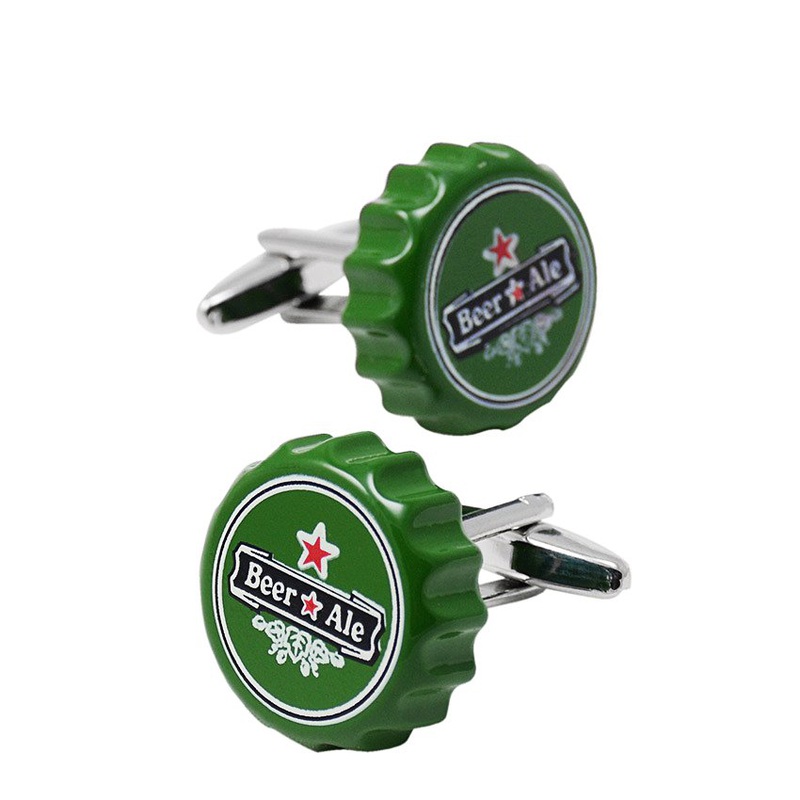 A pair of stylish Beer Bottle Cap Cufflinks made from stainless steel with a rhodium plated finish, presented in a hard-sided gift box.