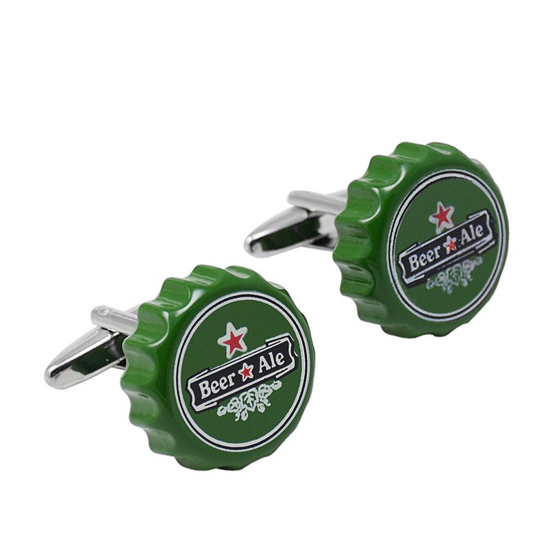 A pair of stylish Beer Bottle Cap Cufflinks made from stainless steel with a rhodium plated finish, presented in a hard-sided gift box.