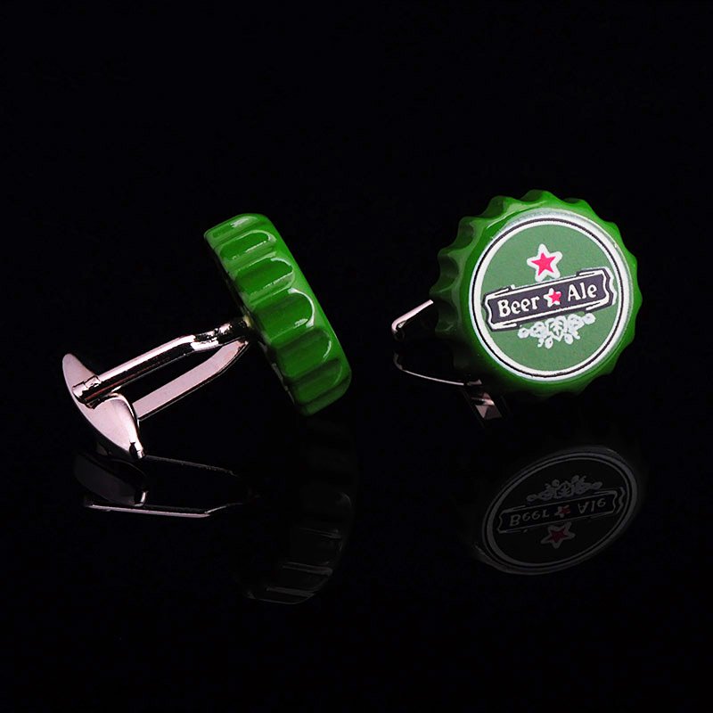 A pair of stylish Beer Bottle Cap Cufflinks made from stainless steel with a rhodium plated finish, presented in a hard-sided gift box.