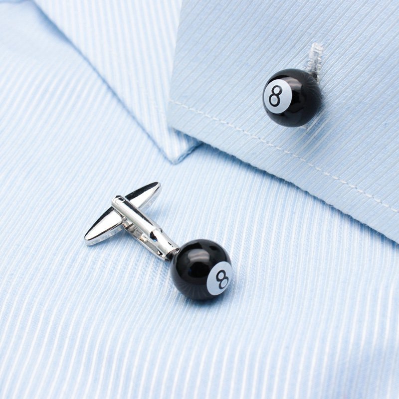 A pair of stylish billiards-themed cufflinks made from titanium alloy, featuring a vivid design, displayed in a hard-sided presentation box.