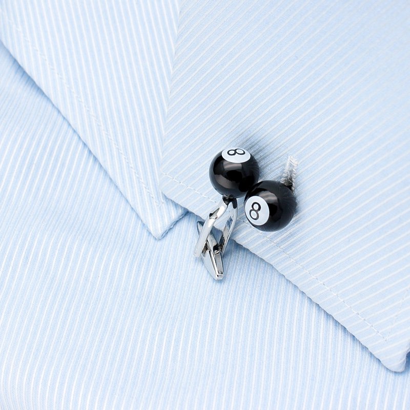 A pair of stylish billiards-themed cufflinks made from titanium alloy, featuring a vivid design, displayed in a hard-sided presentation box.