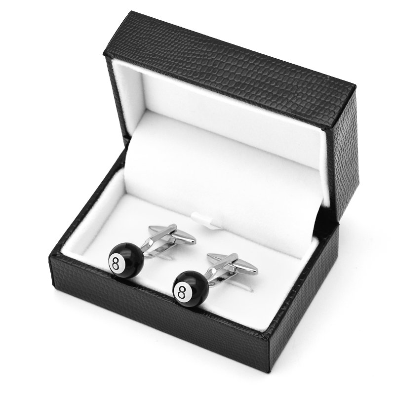 Stylish Black 8 Cufflinks made of stainless steel with a unique hand-painted design, presented in an elegant luxury box.