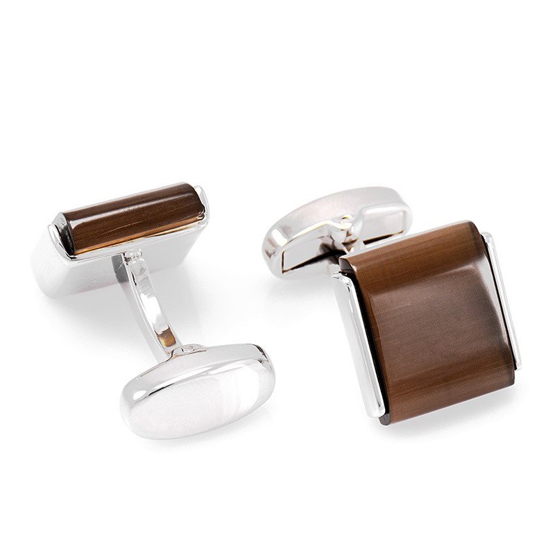 A pair of elegant Brown Opal Cufflinks featuring a unique design with a stainless steel base and rhodium plating, presented in a stylish gift box.