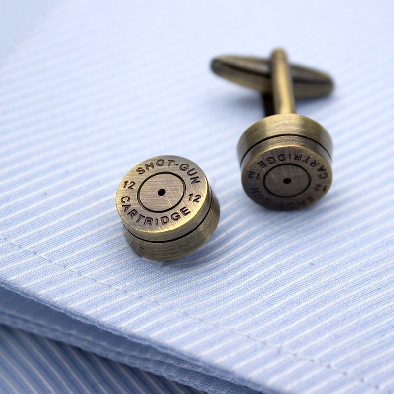 Elegant brass Bullet Cufflinks displayed in a gift box, perfect for formal wear.