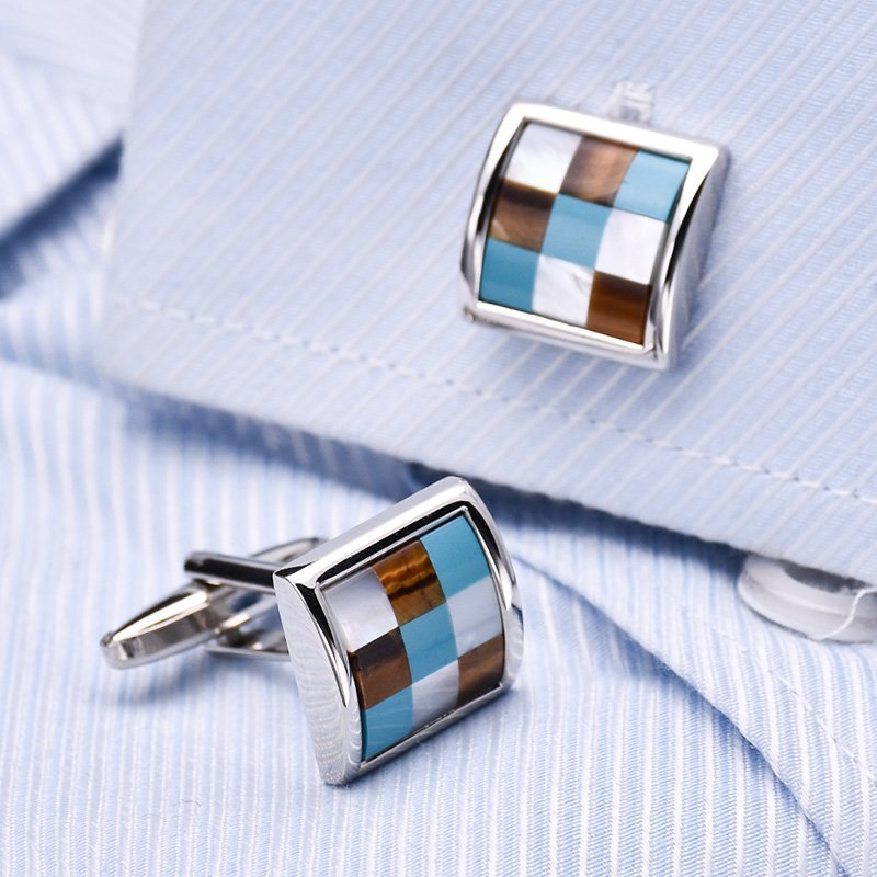 Business Style Lattice Cufflinks made from titanium alloy with genuine sea shell inlay, presented in a stylish hard-sided box.