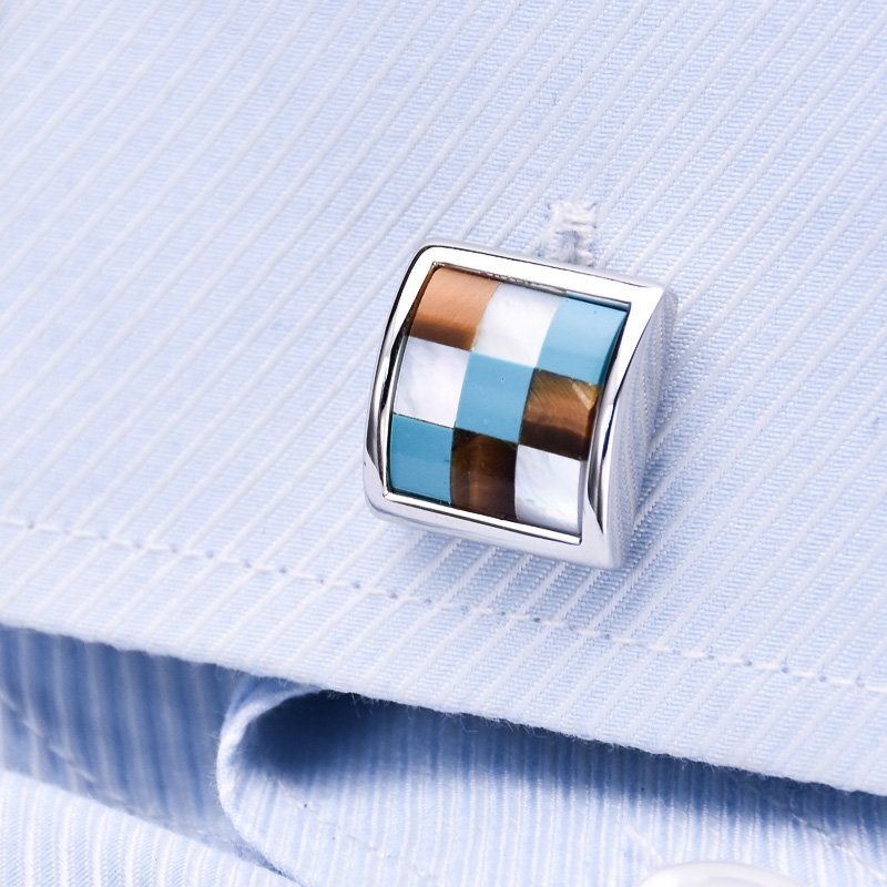 Business Style Lattice Cufflinks made from titanium alloy with genuine sea shell inlay, presented in a stylish hard-sided box.