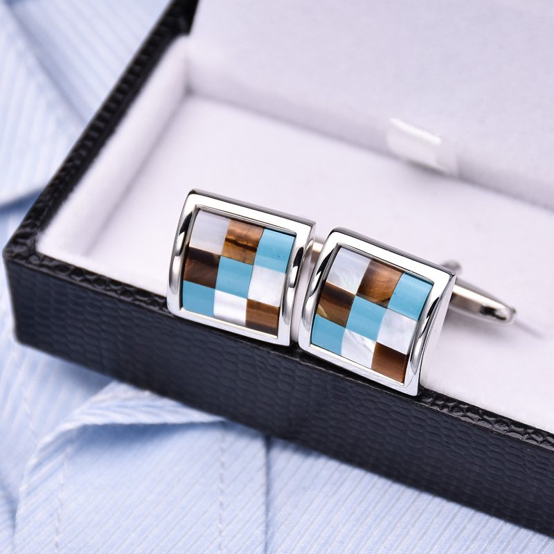 Business Style Lattice Cufflinks made from titanium alloy with genuine sea shell inlay, presented in a stylish hard-sided box.