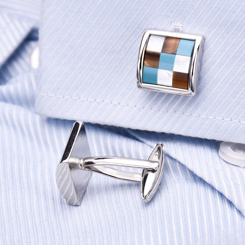 Business Style Lattice Cufflinks made from titanium alloy with genuine sea shell inlay, presented in a stylish hard-sided box.