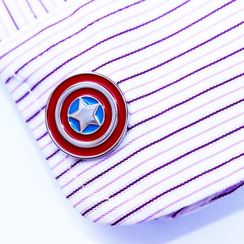 A pair of Captain America Shield Cufflinks made of stainless steel with a rhodium plated finish, displayed in a hard-sided presentation box.