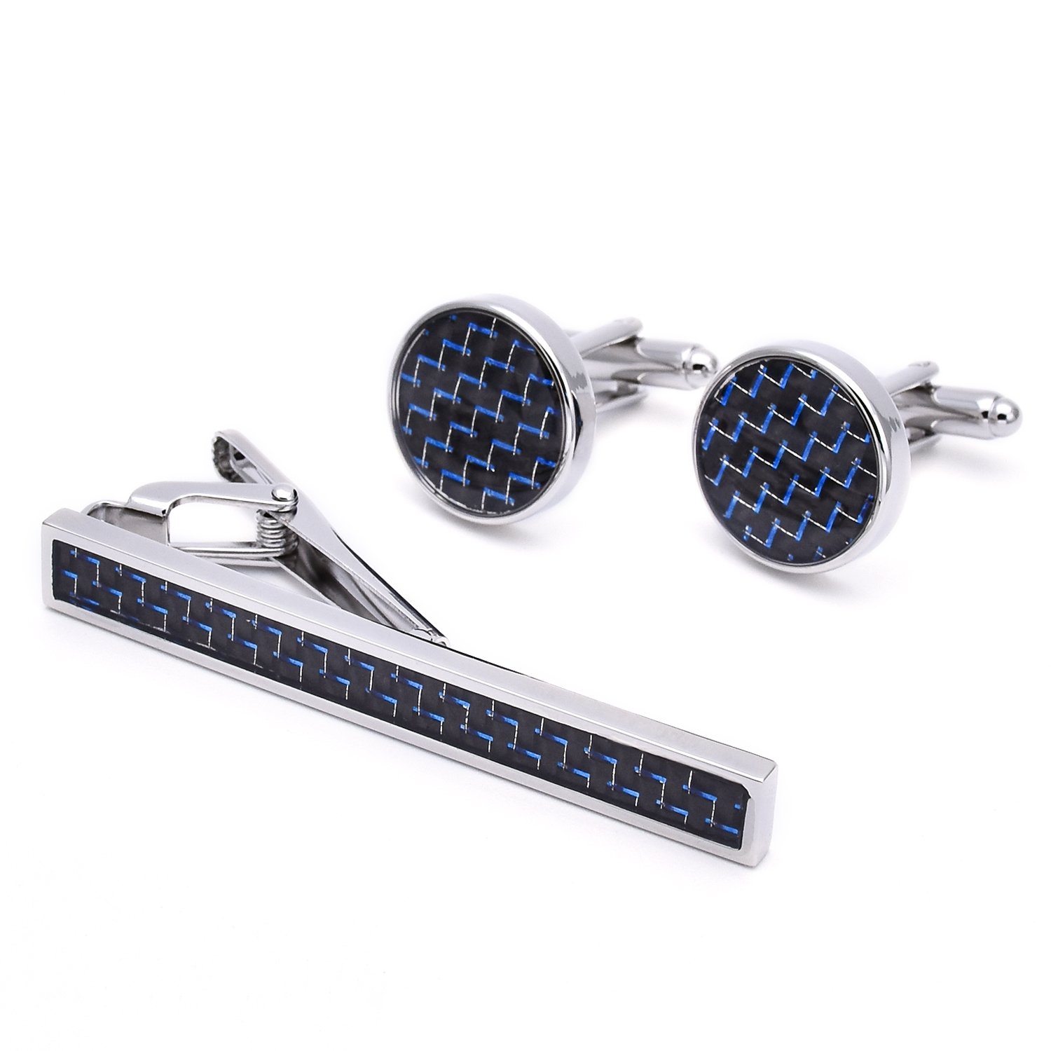 A stylish Carbon Fibre Cufflinks and Stickpin Set featuring genuine carbon fiber and titanium alloy, elegantly presented in a hard-sided box.