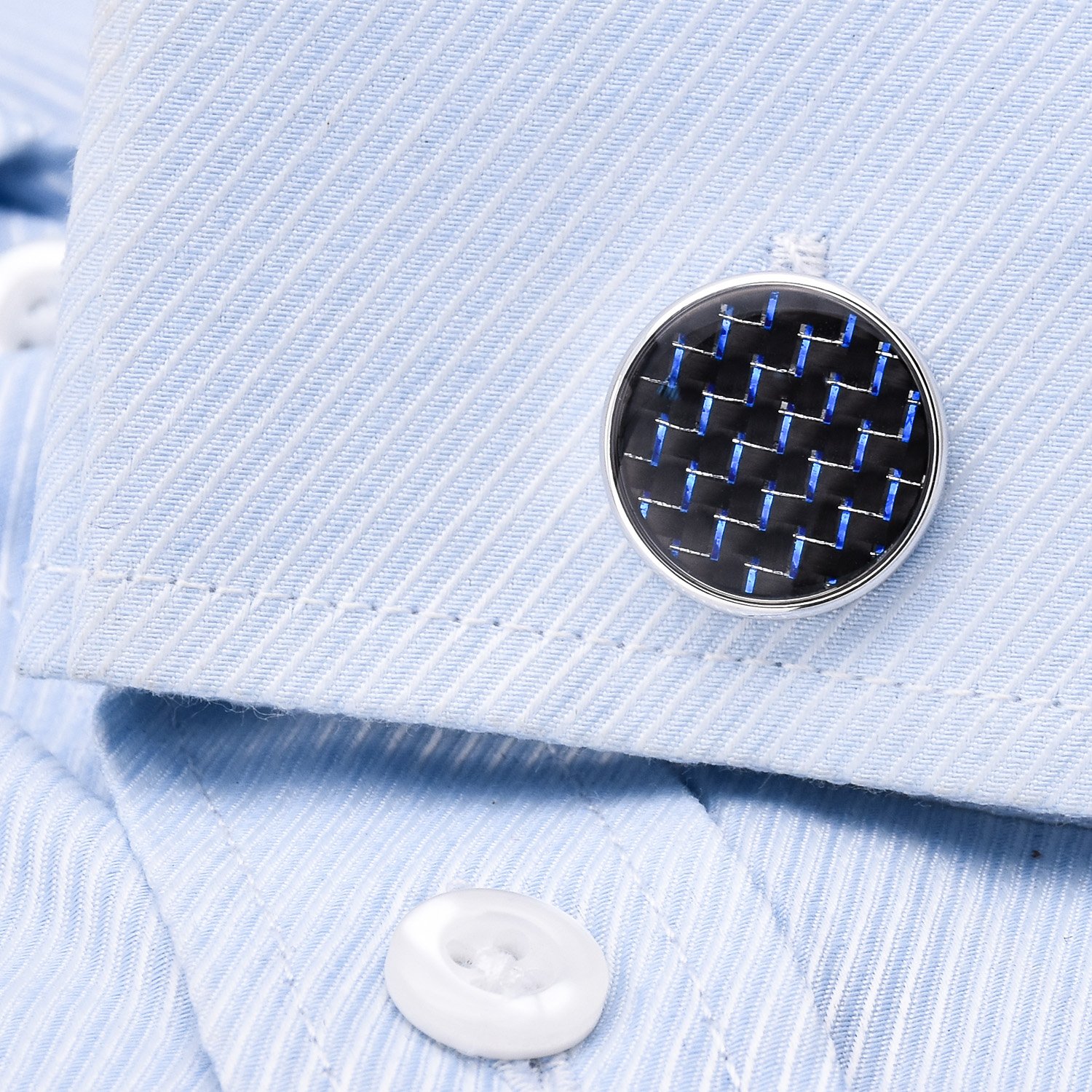 A stylish Carbon Fibre Cufflinks and Stickpin Set featuring genuine carbon fiber and titanium alloy, elegantly presented in a hard-sided box.