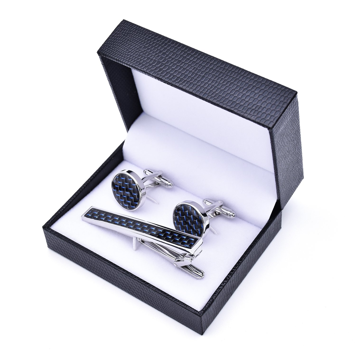 A stylish Carbon Fibre Cufflinks and Stickpin Set featuring genuine carbon fiber and titanium alloy, elegantly presented in a hard-sided box.