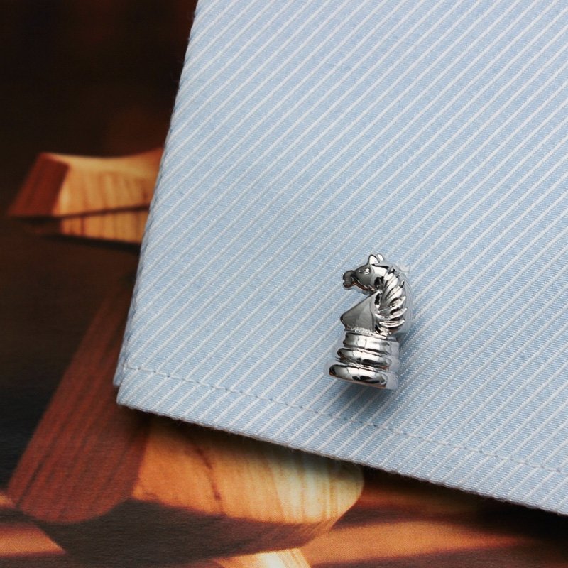 Stylish Chess Cufflinks made from titanium alloy, featuring intricate chess piece designs, presented in a hard-sided gift box.