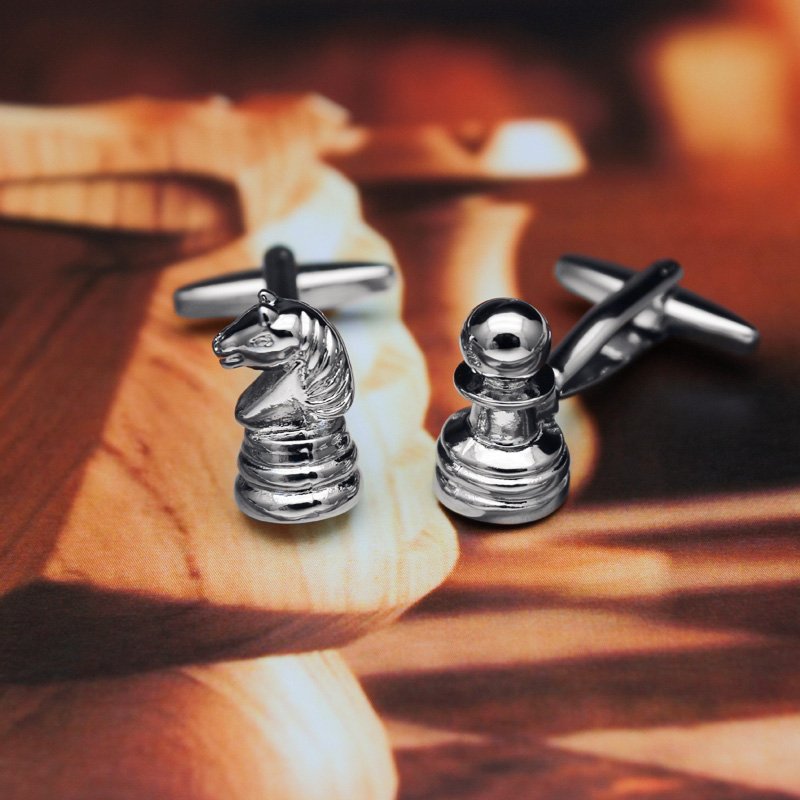 Stylish Chess Cufflinks made from titanium alloy, featuring intricate chess piece designs, presented in a hard-sided gift box.