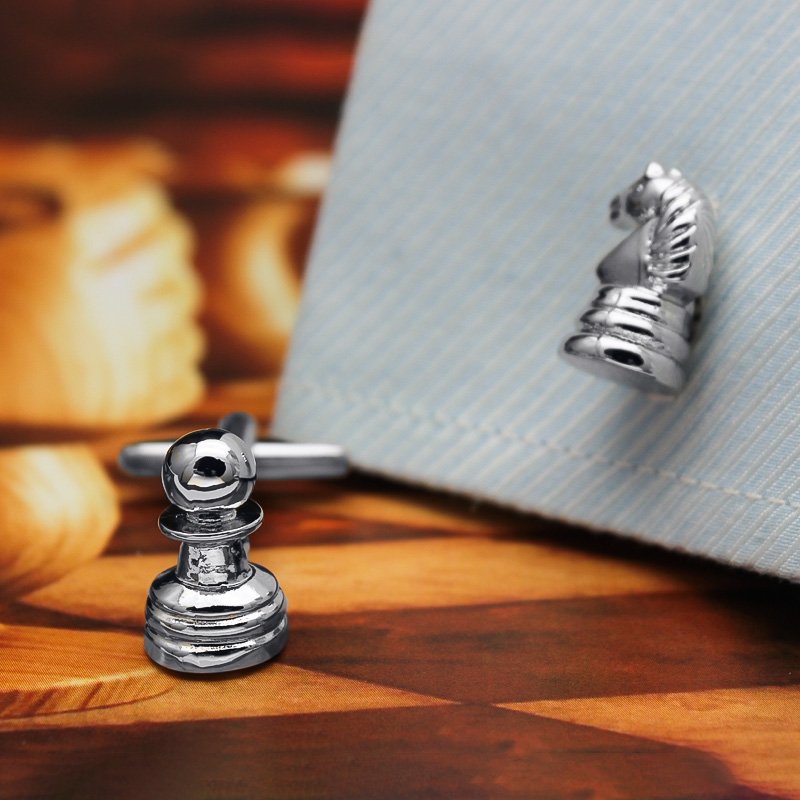 Stylish Chess Cufflinks made from titanium alloy, featuring intricate chess piece designs, presented in a hard-sided gift box.