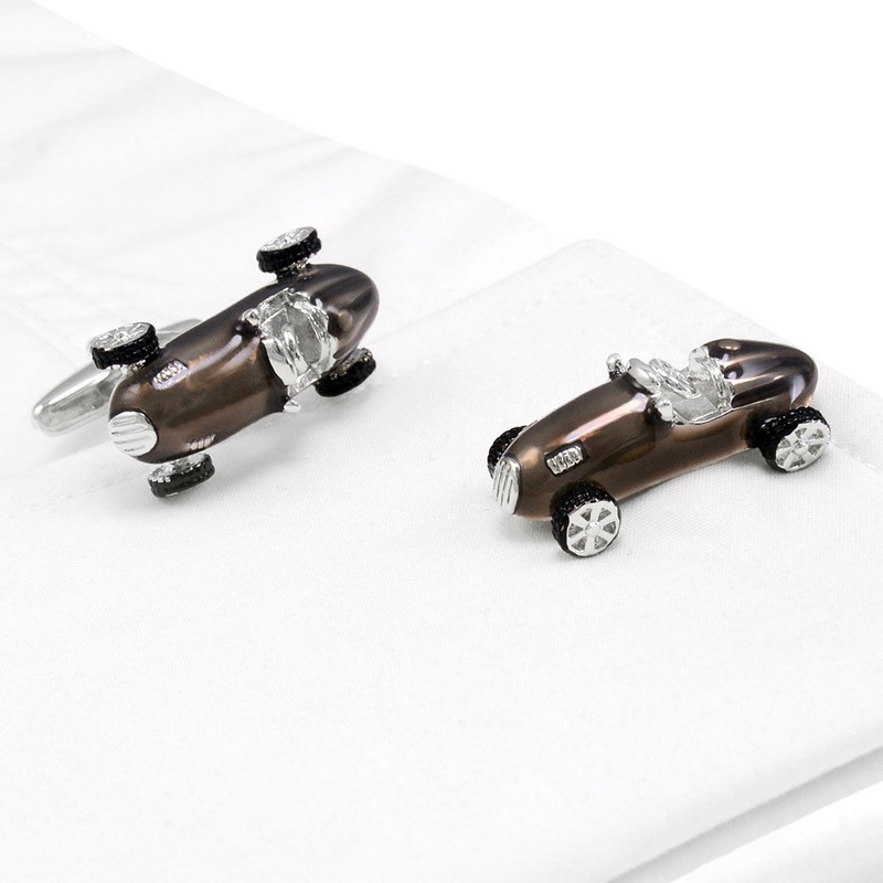 A pair of elegant stainless steel cufflinks featuring a unique classic car design, rhodium plated for a polished finish, displayed in a presentation box.