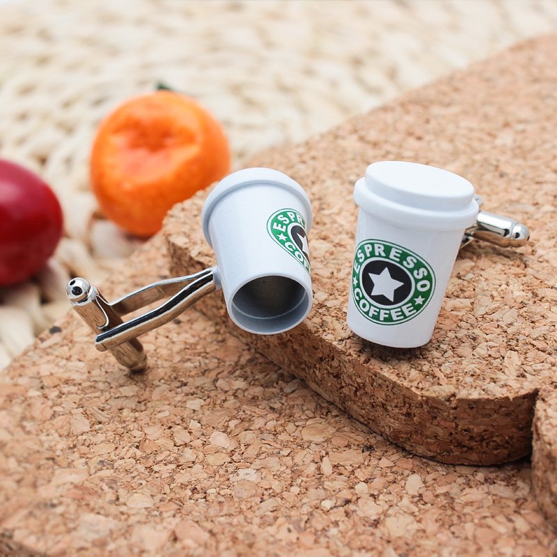 A pair of stylish Coffee Cup Cufflinks made from titanium alloy, featuring a unique coffee cup design, presented in a hard-sided gift box.