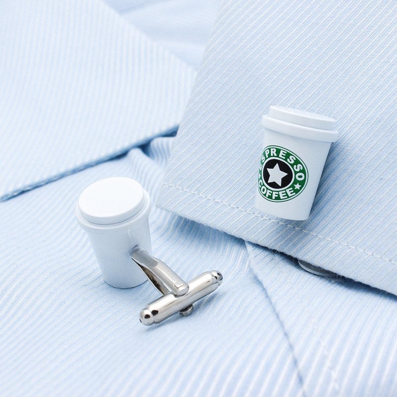 A pair of stylish Coffee Cup Cufflinks made from titanium alloy, featuring a unique coffee cup design, presented in a hard-sided gift box.