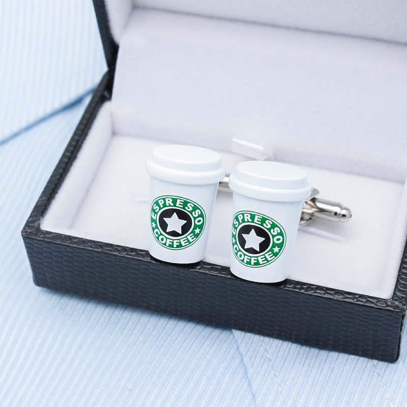 A pair of stylish Coffee Cup Cufflinks made from titanium alloy, featuring a unique coffee cup design, presented in a hard-sided gift box.