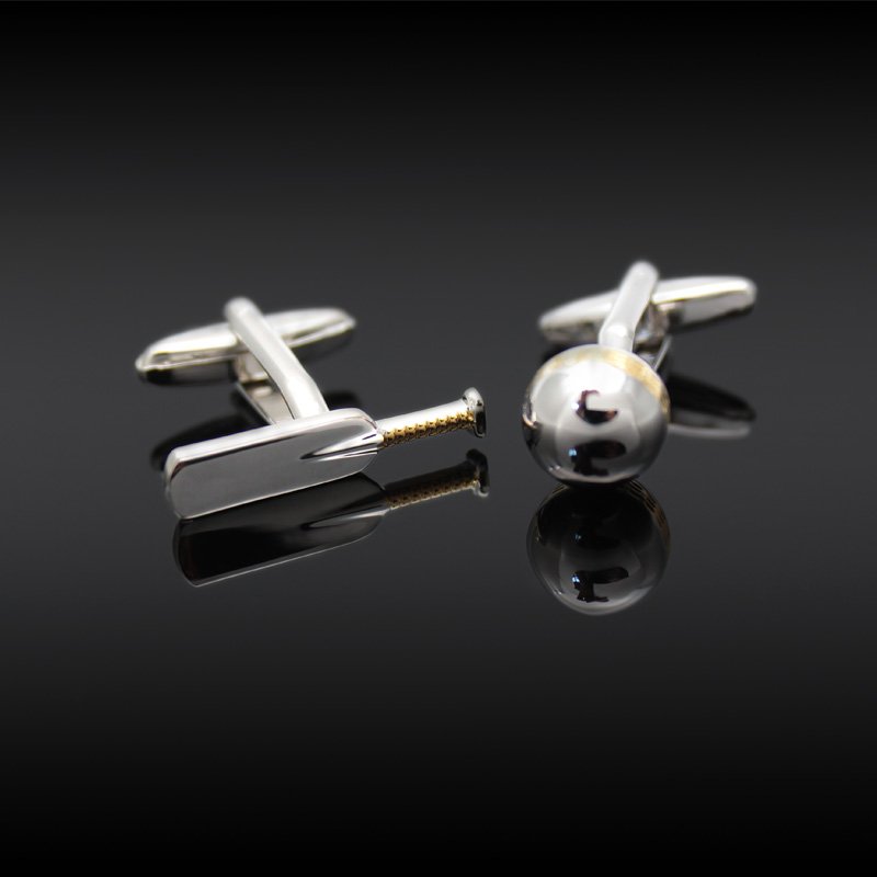 Stylish stainless steel cricket cufflinks with rhodium plating, presented in a luxurious gift box.