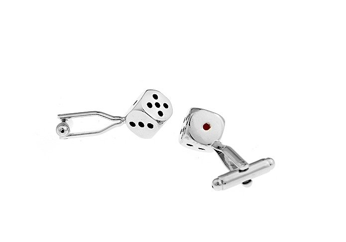 A pair of stylish stainless steel Dice Cufflinks, rhodium plated, displayed in a hard-sided presentation box, perfect for gifting.