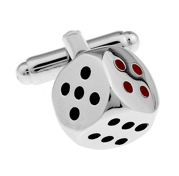 A pair of stylish stainless steel Dice Cufflinks, rhodium plated, displayed in a hard-sided presentation box, perfect for gifting.