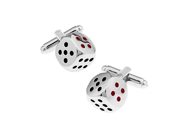 A pair of stylish stainless steel Dice Cufflinks, rhodium plated, displayed in a hard-sided presentation box, perfect for gifting.