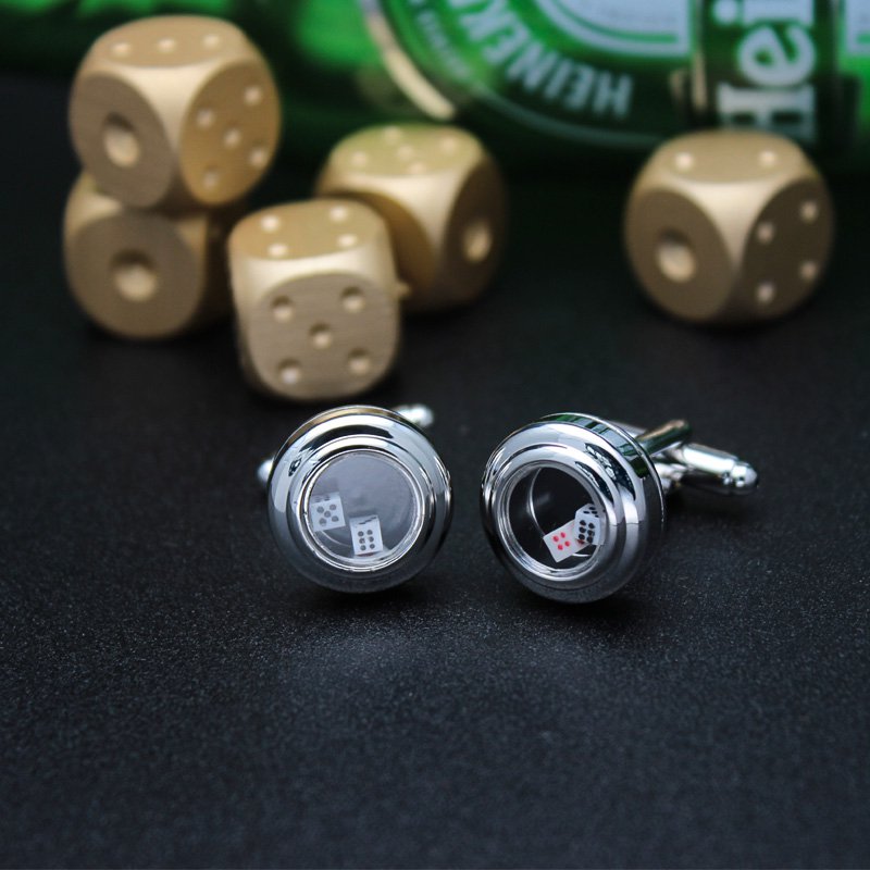 A pair of stylish Dice Cup Cufflinks made from titanium alloy, featuring miniature dice inside a cup design, presented in an elegant gift box.