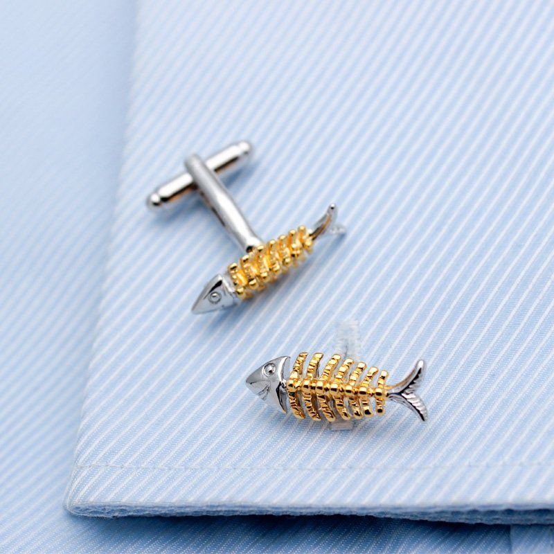 Stylish titanium alloy fish bone cufflinks in a presentation box, showcasing unique design and elegant finish.