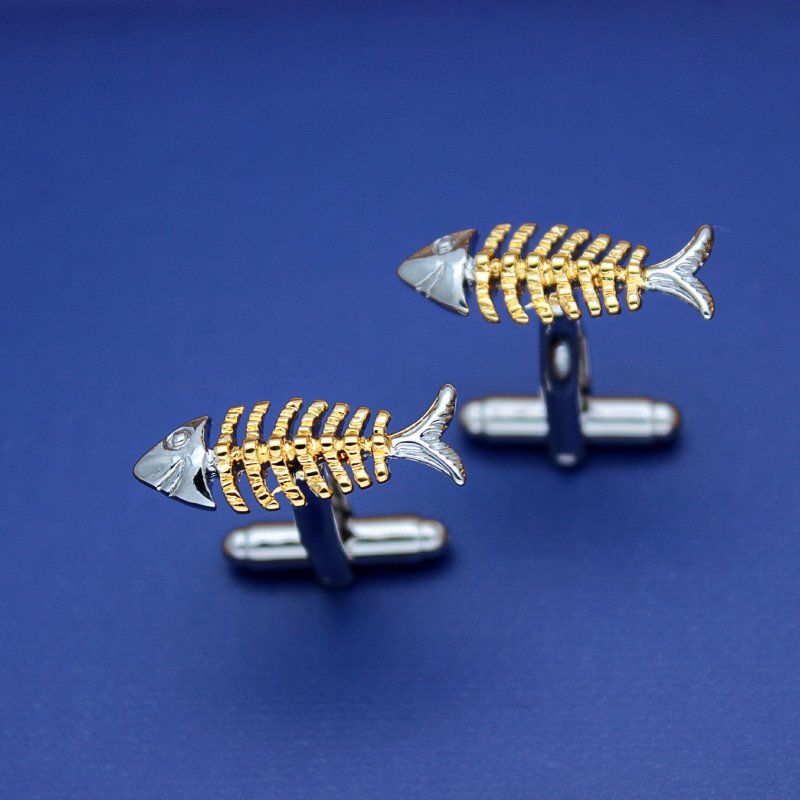 Stylish titanium alloy fish bone cufflinks in a presentation box, showcasing unique design and elegant finish.