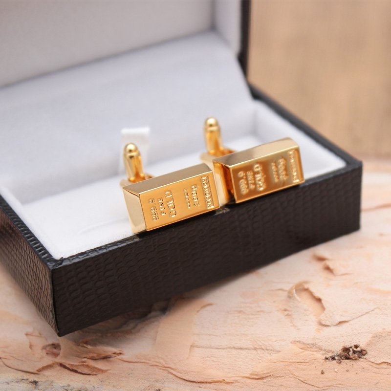 Elegant gold bar cufflinks made from titanium alloy with gold plating, presented in a stylish hard-sided box.