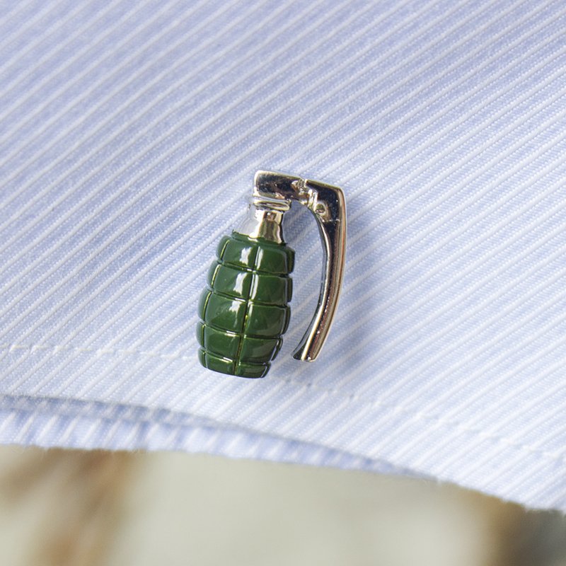 Stylish stainless steel grenade cufflinks with rhodium plating, presented in a luxurious gift box.