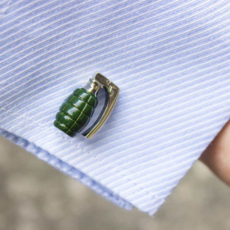 Stylish stainless steel grenade cufflinks with rhodium plating, presented in a luxurious gift box.