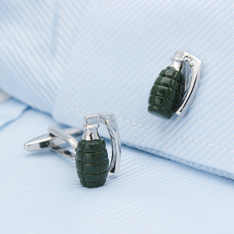 Stylish stainless steel grenade cufflinks with rhodium plating, presented in a luxurious gift box.