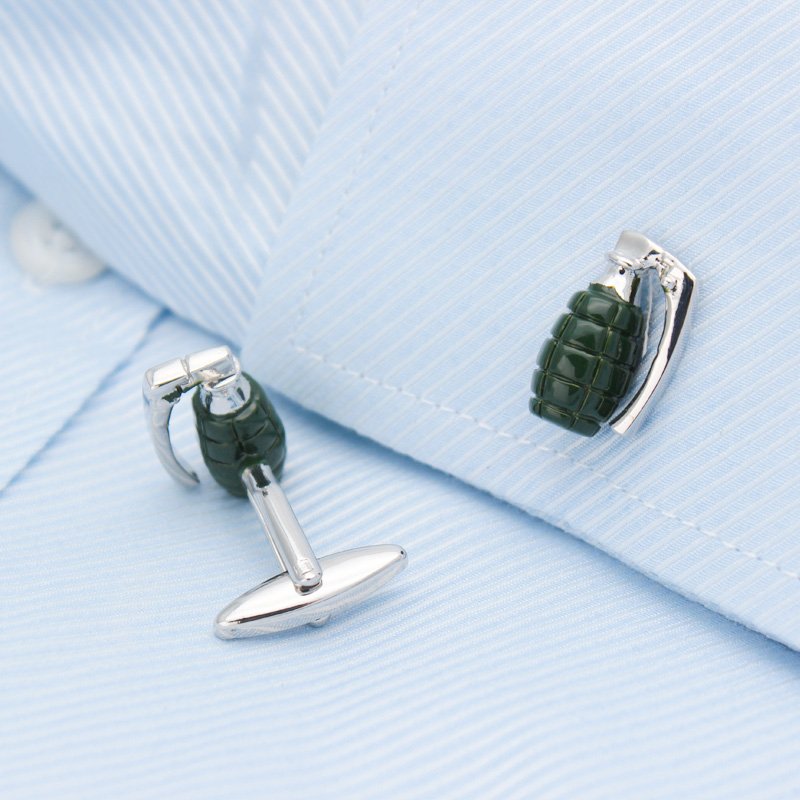 Stylish stainless steel grenade cufflinks with rhodium plating, presented in a luxurious gift box.