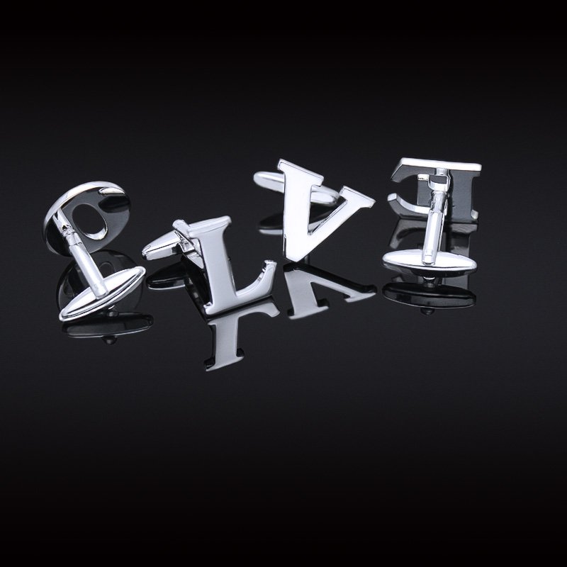 LOVE Alphabets Cufflinks in brass and chrome plating, showcasing customizable letters A to Z, elegantly presented in a gift box.