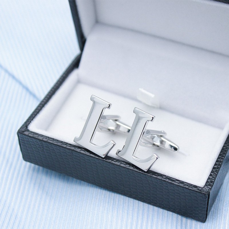 LOVE Alphabets Cufflinks in brass and chrome plating, showcasing customizable letters A to Z, elegantly presented in a gift box.