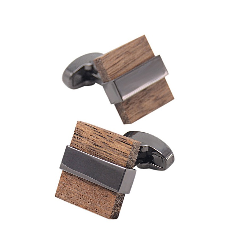 A pair of Luxury Wood Cufflinks featuring a unique wood grain design with stainless steel accents, elegantly displayed in a hard-sided presentation box.