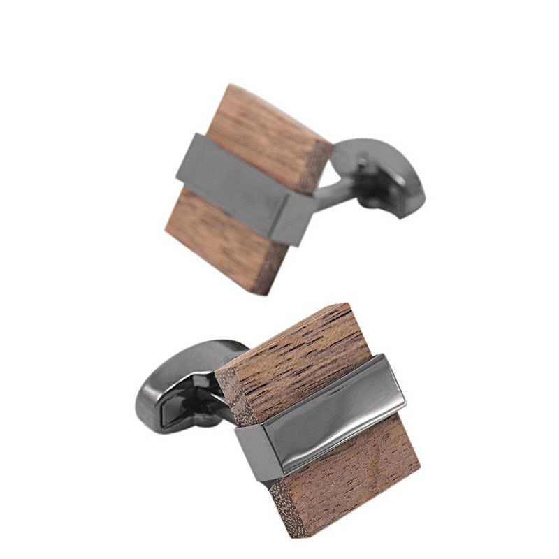 A pair of Luxury Wood Cufflinks featuring a unique wood grain design with stainless steel accents, elegantly displayed in a hard-sided presentation box.