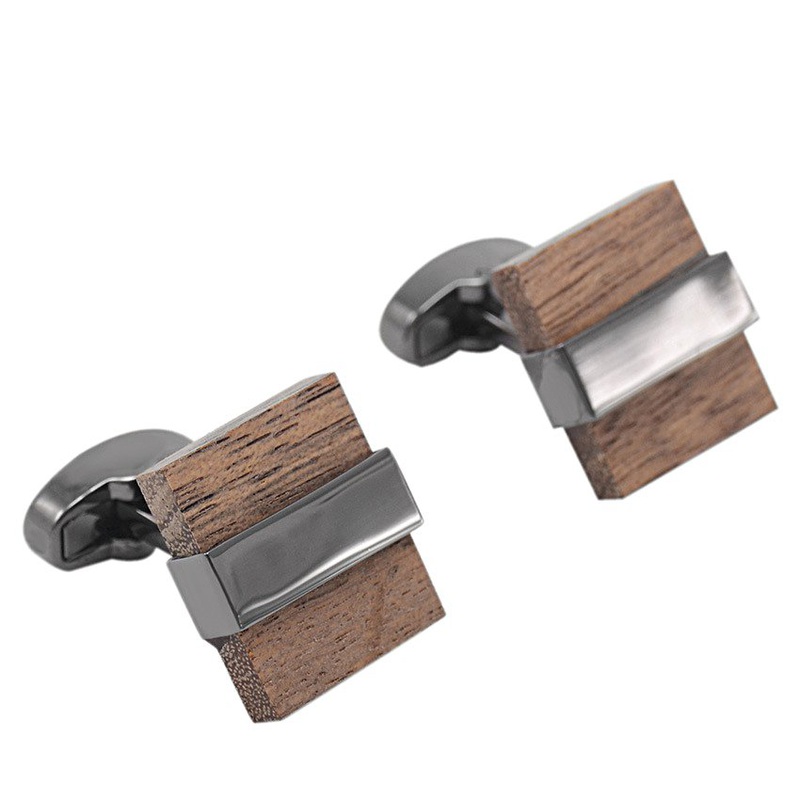 A pair of Luxury Wood Cufflinks featuring a unique wood grain design with stainless steel accents, elegantly displayed in a hard-sided presentation box.