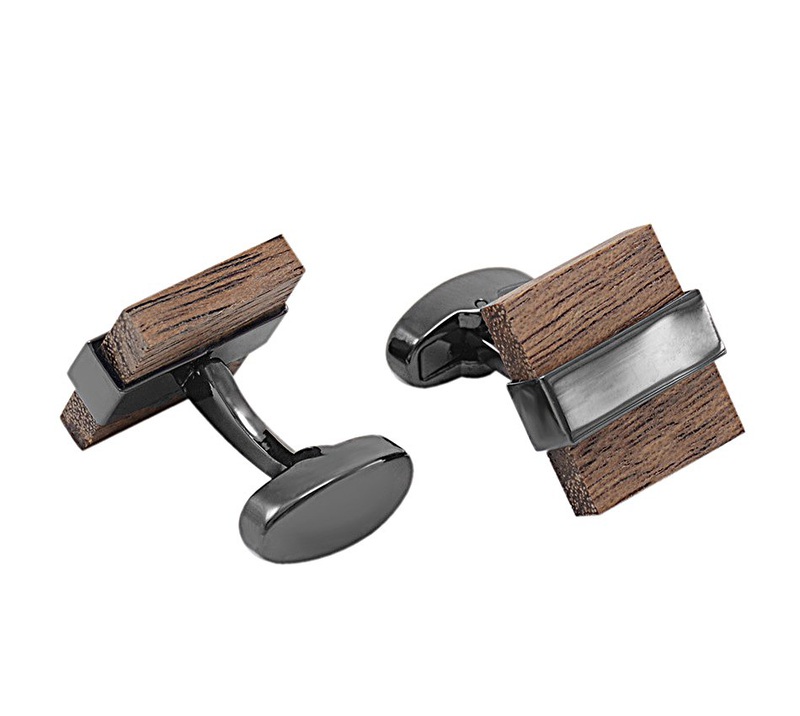 A pair of Luxury Wood Cufflinks featuring a unique wood grain design with stainless steel accents, elegantly displayed in a hard-sided presentation box.