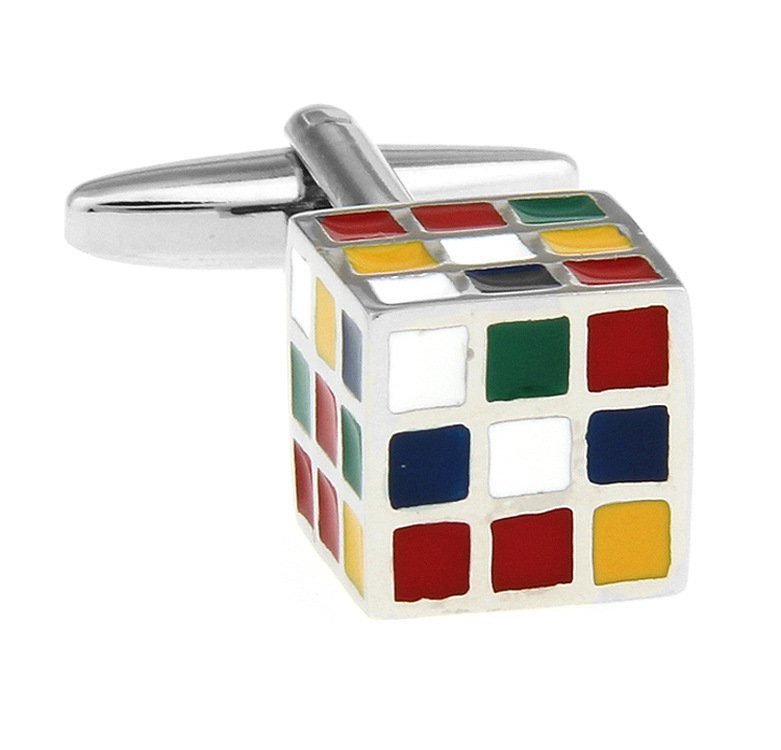 A pair of stylish Magic Cube Cufflinks made from brass and stainless steel, featuring a rhodium plated finish, displayed in an elegant presentation box.