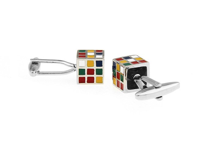 A pair of stylish Magic Cube Cufflinks made from brass and stainless steel, featuring a rhodium plated finish, displayed in an elegant presentation box.