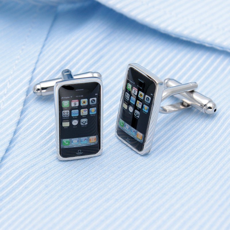 Stylish Micro iPhone Cufflinks made from titanium alloy, featuring a miniature iPhone design, presented in a hard-sided box.