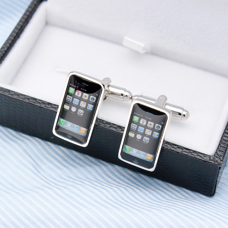 Stylish Micro iPhone Cufflinks made from titanium alloy, featuring a miniature iPhone design, presented in a hard-sided box.