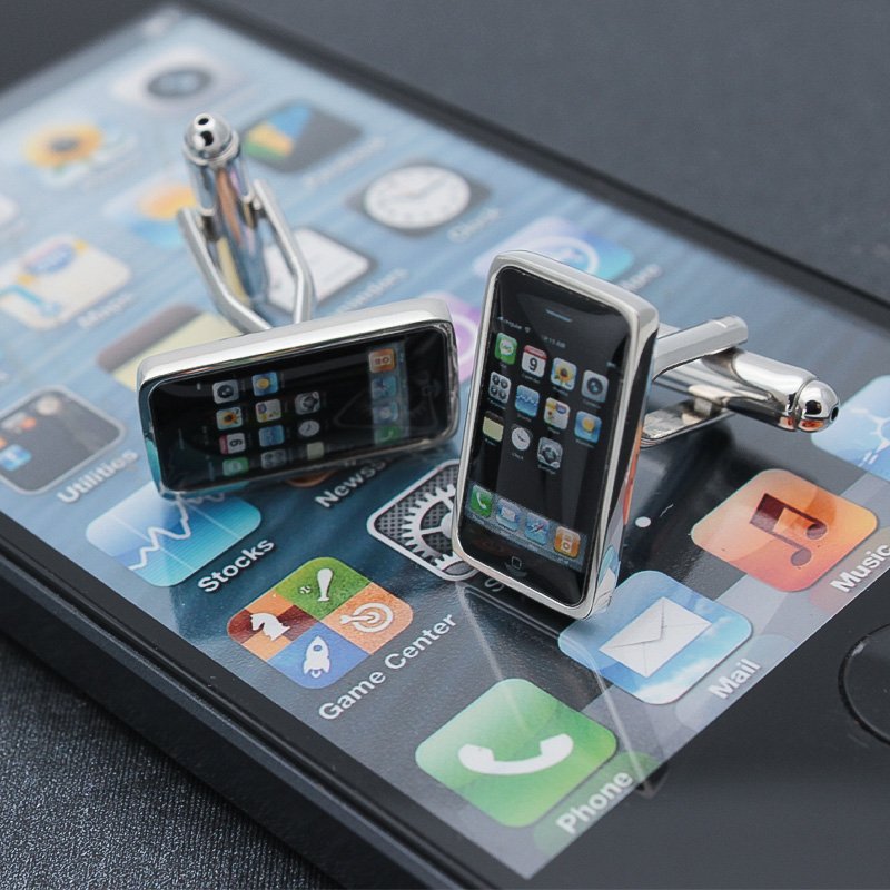 Stylish Micro iPhone Cufflinks made from titanium alloy, featuring a miniature iPhone design, presented in a hard-sided box.