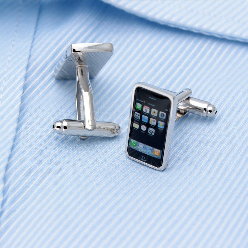 Stylish Micro iPhone Cufflinks made from titanium alloy, featuring a miniature iPhone design, presented in a hard-sided box.